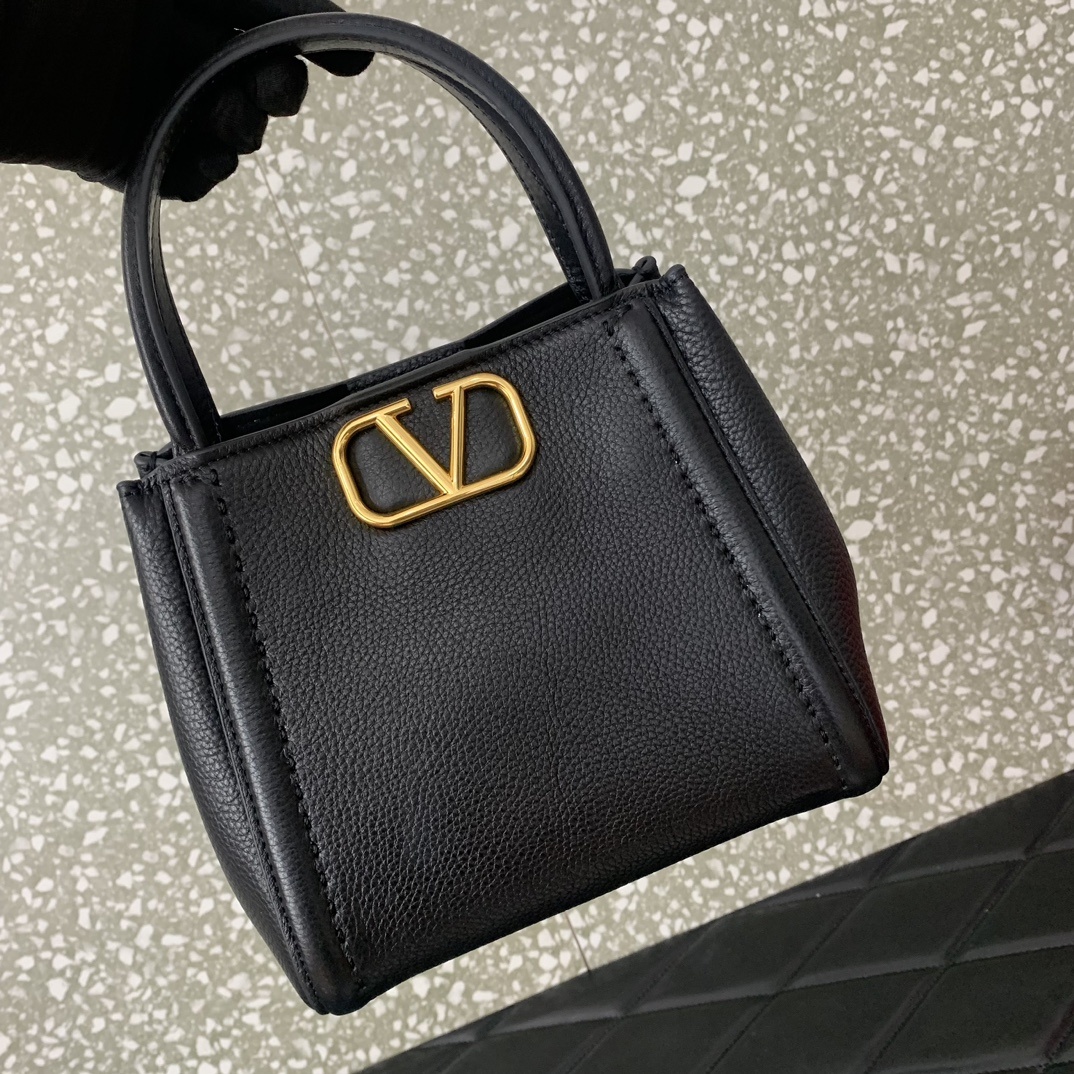 Valentino Garavani Alltime Small Handbag in Black Grainy Calfskin